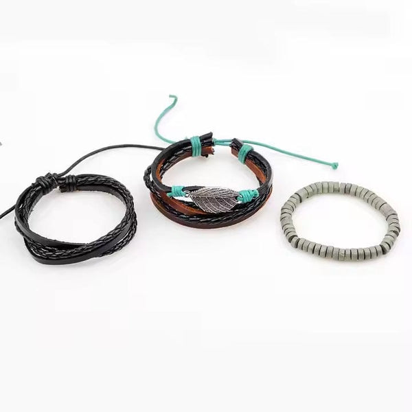 IRONFANG WRAP - 3 Pcs Genuine Braided Leather Bracelet Set for Men & Boys (8 inch)