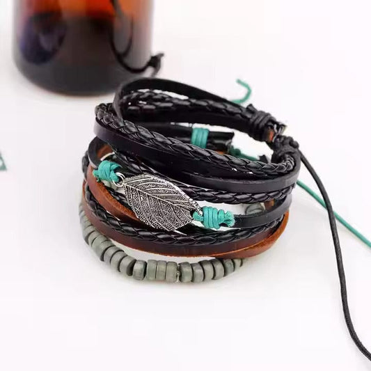 THE MEN THING Leather Bracelet IRONFANG WRAP - 3 Pcs Genuine Braided Leather Bracelet Set for Men & Boys (8 inch)