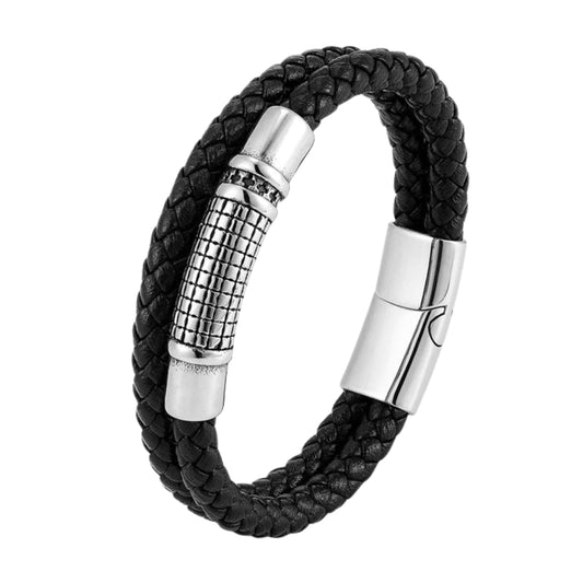 THE MEN THING Leather Bracelet IRONGRID CURVE - Black 16mm Genuine Leather Bracelet with Stainless Steel Magnetic Buckle for Men & Boys (8 inch)