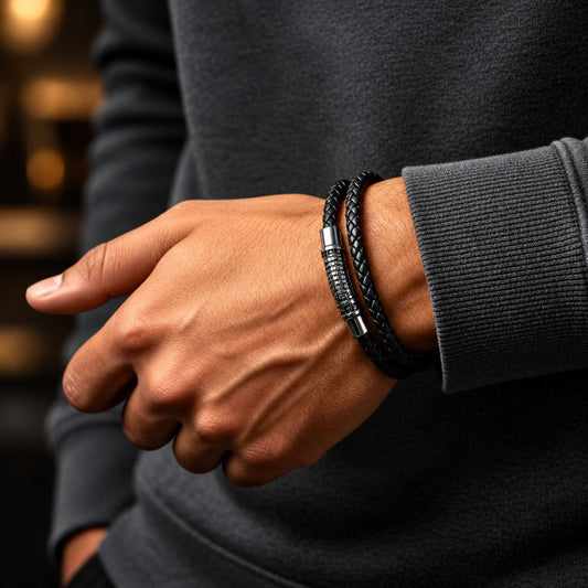 THE MEN THING Leather Bracelet IRONGRID CURVE - Black 16mm Genuine Leather Bracelet with Stainless Steel Magnetic Buckle for Men & Boys (8 inch)