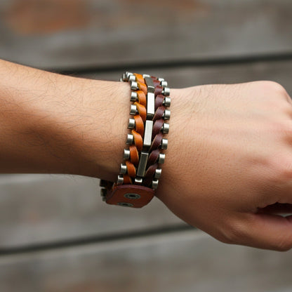 THE MEN THING Leather Bracelet IRONWEAVE - 20.5mm Brown Genuine Leather Adjustable Bracelet for Men & Boys (8.8 inch)