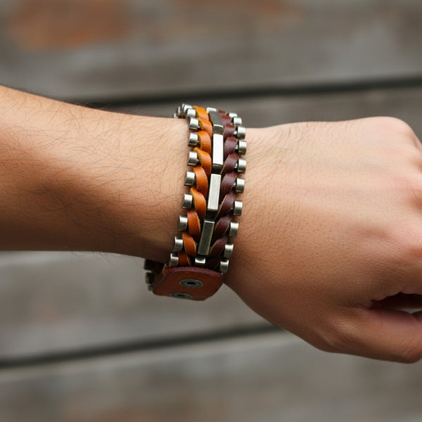 IRONWEAVE - 20.5mm Brown Genuine Leather Adjustable Bracelet for Men & Boys (8.8 inch)