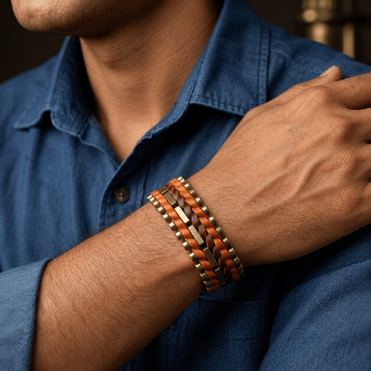 THE MEN THING Leather Bracelet IRONWEAVE - 20.5mm Brown Genuine Leather Adjustable Bracelet for Men & Boys (8.8 inch)