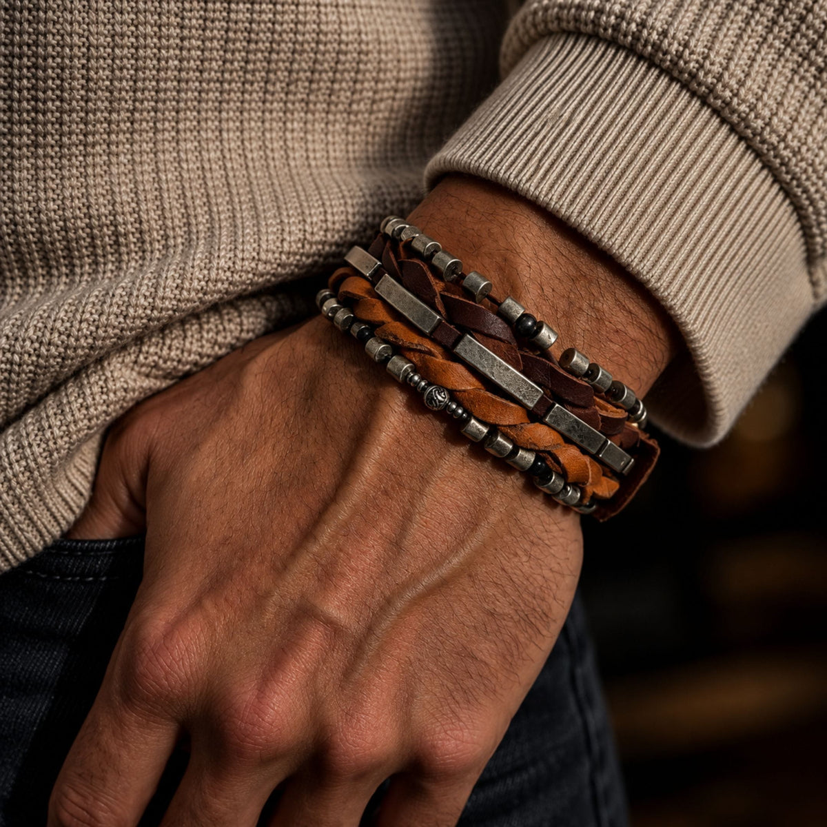 THE MEN THING Leather Bracelet IRONWEAVE - 20.5mm Brown Genuine Leather Adjustable Bracelet for Men & Boys (8.8 inch)