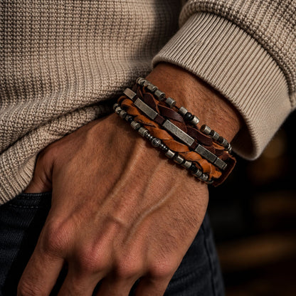 THE MEN THING Leather Bracelet IRONWEAVE - 20.5mm Brown Genuine Leather Adjustable Bracelet for Men & Boys (8.8 inch)
