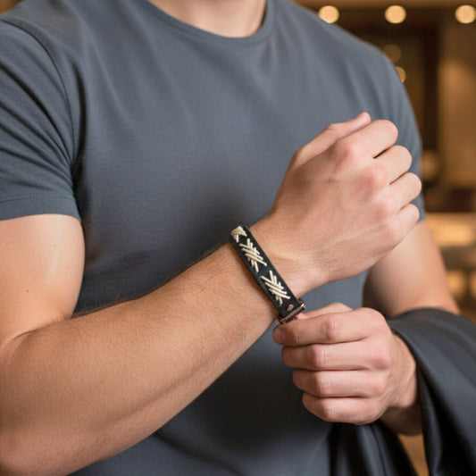 THE MEN THING Leather Bracelet IVORY STITCH - 1.5mm Black Genuine Leather Adjustable Bracelet for Men & Boys (9 inch)