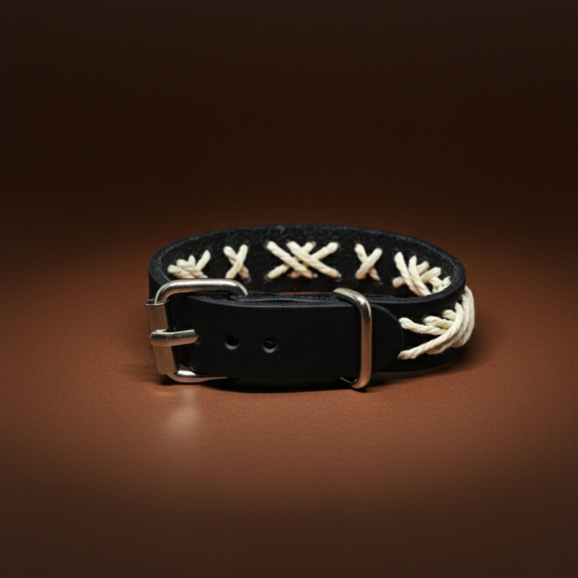 THE MEN THING Leather Bracelet IVORY STITCH - 1.5mm Black Genuine Leather Adjustable Bracelet for Men & Boys (9 inch)