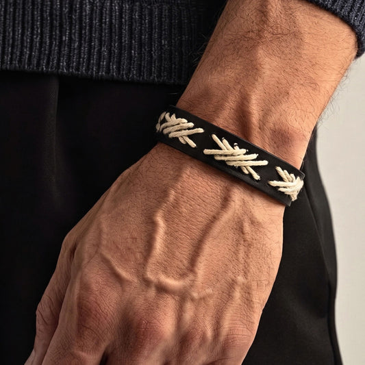 THE MEN THING Leather Bracelet IVORY STITCH - 1.5mm Black Genuine Leather Adjustable Bracelet for Men & Boys (9 inch)