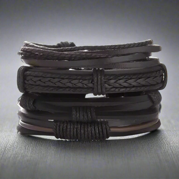 JET BRAIDED -  4 Pcs Genuine Braided Leather Bracelet Set for Men & Boys (8 inch)