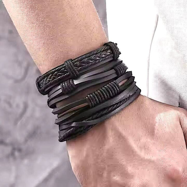 JET BRAIDED -  4 Pcs Genuine Braided Leather Bracelet Set for Men & Boys (8 inch)