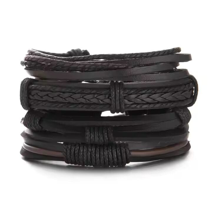 THE MEN THING Leather Bracelet JET BRAIDED -  4 Pcs Genuine Braided Leather Bracelet Set for Men & Boys (8 inch)
