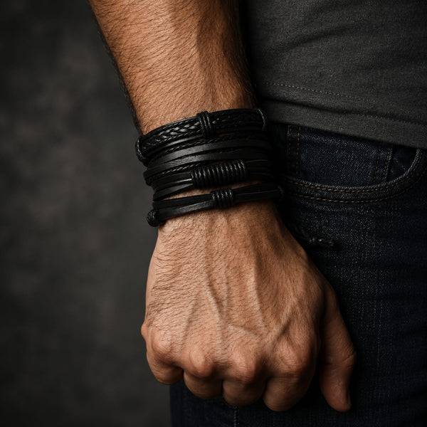 JET BRAIDED -  4 Pcs Genuine Braided Leather Bracelet Set for Men & Boys (8 inch)