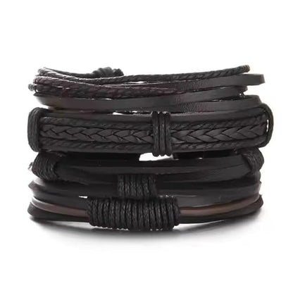 THE MEN THING Leather Bracelet JET BRAIDED Set of 4 Genuine Braided Leather Adjustable Bracelets for Men & Boys – 8 Inch