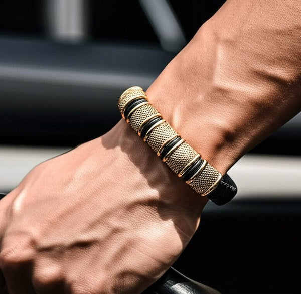 KAIROS RADIANT GOLD - Genuine Leather Braided Bracelet with Stainless Steel Magnetic Buckle for Men & Boys (8 inch)