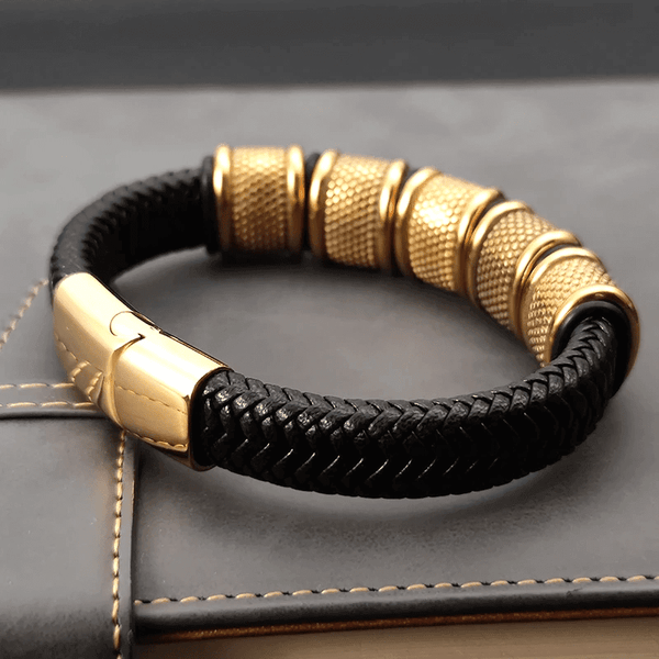 KAIROS RADIANT GOLD - Genuine Leather Braided Bracelet with Stainless Steel Magnetic Buckle for Men & Boys (8 inch)