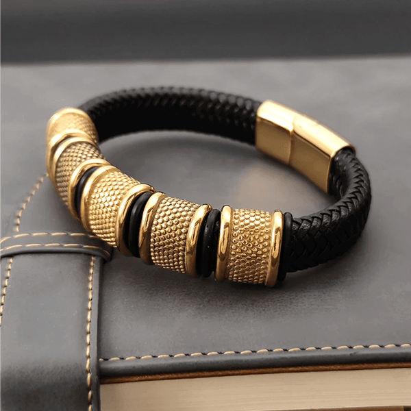 KAIROS RADIANT GOLD - Genuine Leather Braided Bracelet with Stainless Steel Magnetic Buckle for Men & Boys (8 inch)