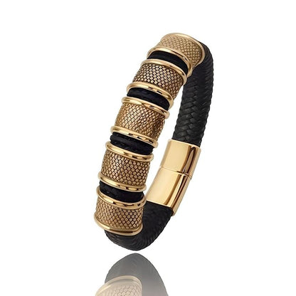 THE MEN THING Leather Bracelet KAIROS RADIANT GOLD - Genuine Leather Braided Bracelet with Stainless Steel Magnetic Buckle for Men & Boys (8 inch)