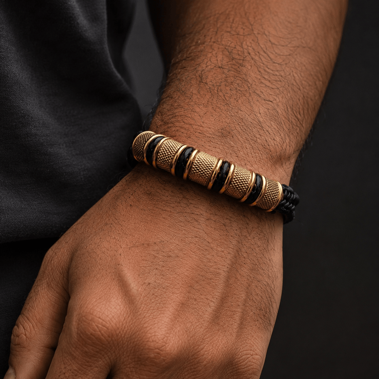 THE MEN THING Leather Bracelet KAIROS RADIANT GOLD - Genuine Leather Braided Bracelet with Stainless Steel Magnetic Buckle for Men & Boys (8 inch)