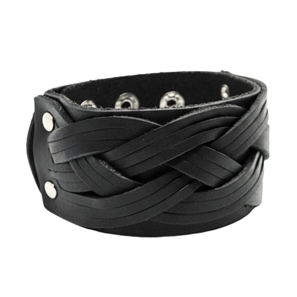 KNIGHTS WEAVE - 40mm Black Genuine Leather Adjustable Bracelet for Men & Boys (7-7.8-8.4 inch)