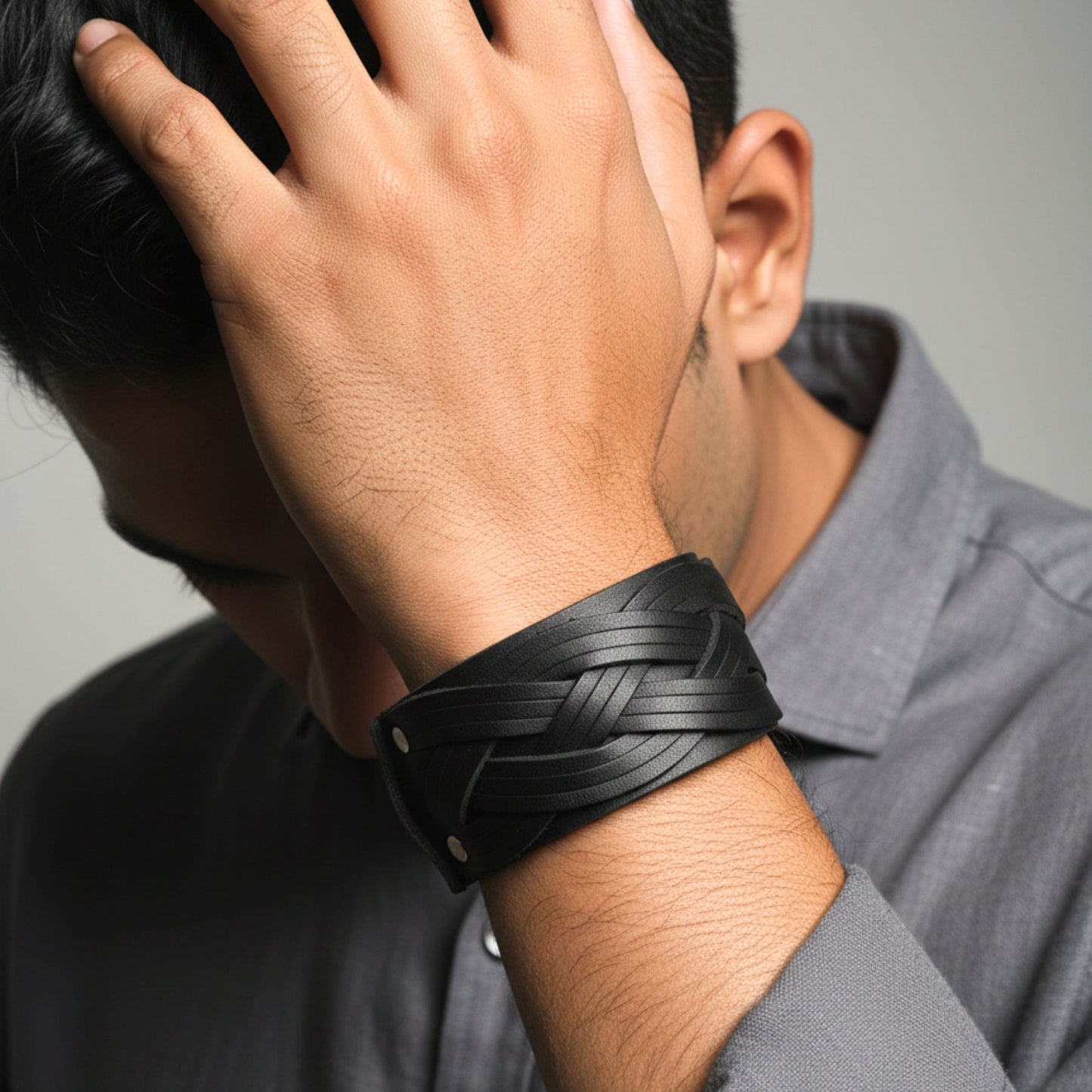 THE MEN THING Leather Bracelet KNIGHTS WEAVE - 40mm Black Genuine Leather Adjustable Bracelet for Men & Boys (7-7.8-8.4 inch)