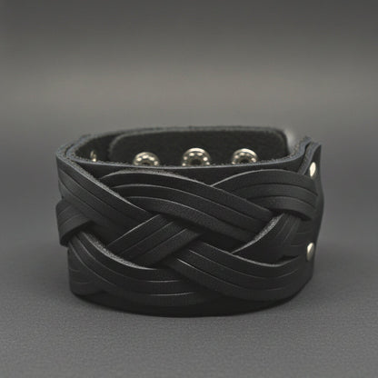 THE MEN THING Leather Bracelet KNIGHTS WEAVE - 40mm Black Genuine Leather Adjustable Bracelet for Men & Boys (7-7.8-8.4 inch)