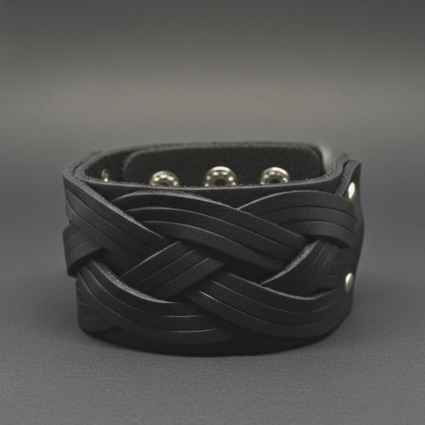 KNIGHTS WEAVE - 40mm Black Genuine Leather Adjustable Bracelet for Men & Boys (7-7.8-8.4 inch)