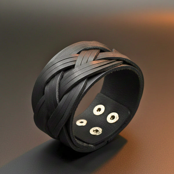 KNIGHTS WEAVE - 40mm Black Genuine Leather Adjustable Bracelet for Men & Boys (7-7.8-8.4 inch)