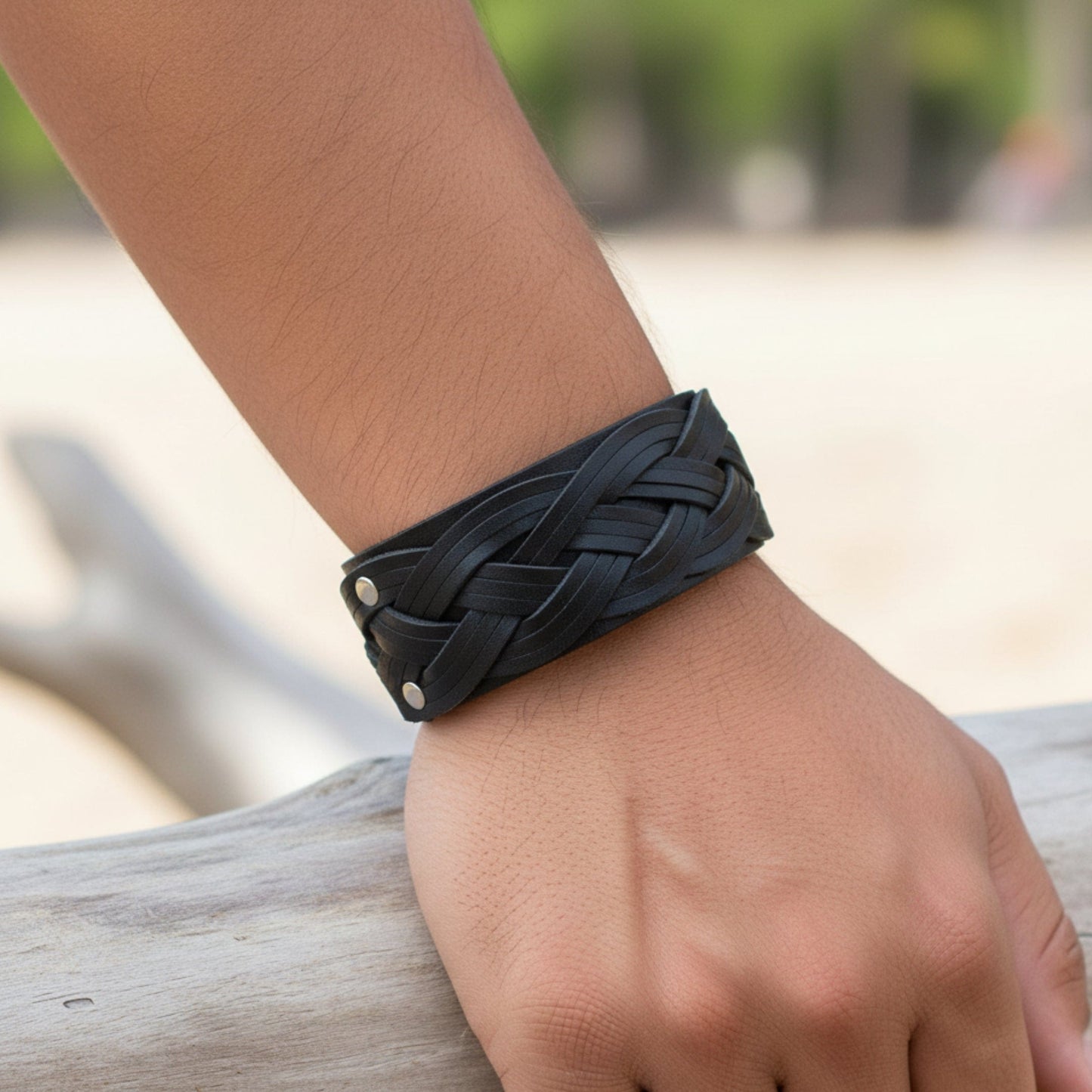 THE MEN THING Leather Bracelet KNIGHTS WEAVE - 40mm Black Genuine Leather Adjustable Bracelet for Men & Boys (7-7.8-8.4 inch)