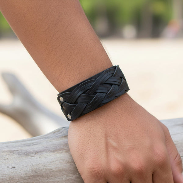 KNIGHTS WEAVE - 40mm Black Genuine Leather Adjustable Bracelet for Men & Boys (7-7.8-8.4 inch)