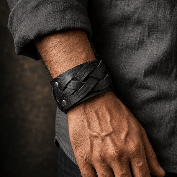 KNIGHTS WEAVE - 40mm Black Genuine Leather Adjustable Bracelet for Men & Boys (7-7.8-8.4 inch)