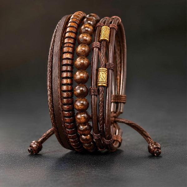 LEVIATHAN BROWN WRAP - 4 Pcs Genuine Braided Leather Bracelet Set for Men & Boys (Adjustable)