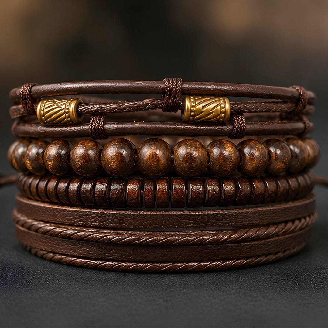 THE MEN THING Leather Bracelet LEVIATHAN BROWN WRAP - 4 Pcs Genuine Braided Leather Bracelet Set for Men & Boys (Adjustable)