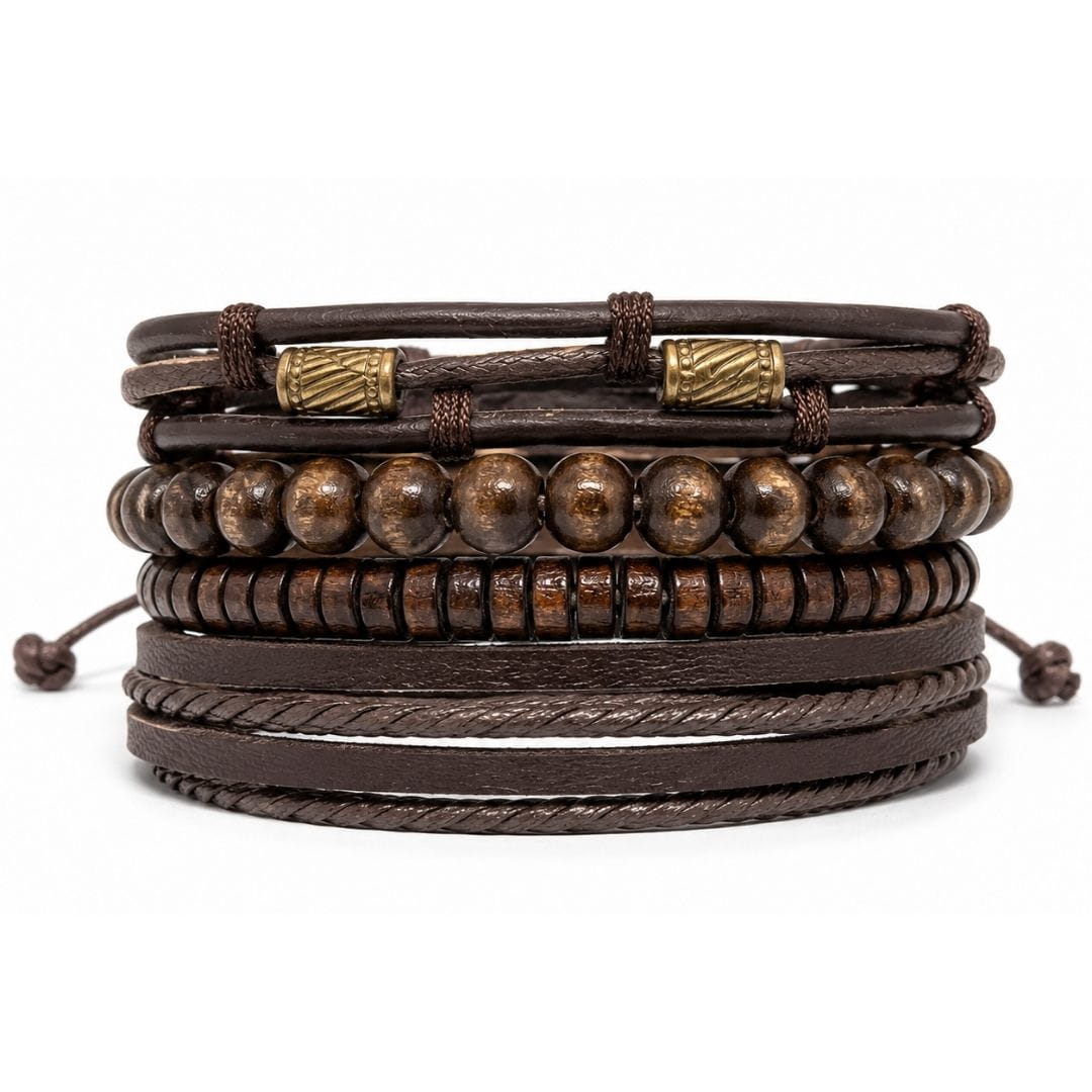 THE MEN THING Leather Bracelet LEVIATHAN BROWN WRAP - 4 Pcs Genuine Braided Leather Bracelet Set for Men & Boys (Adjustable)