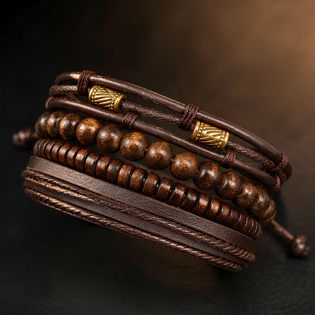 THE MEN THING Leather Bracelet LEVIATHAN BROWN WRAP - 4 Pcs Genuine Braided Leather Bracelet Set for Men & Boys (Adjustable)