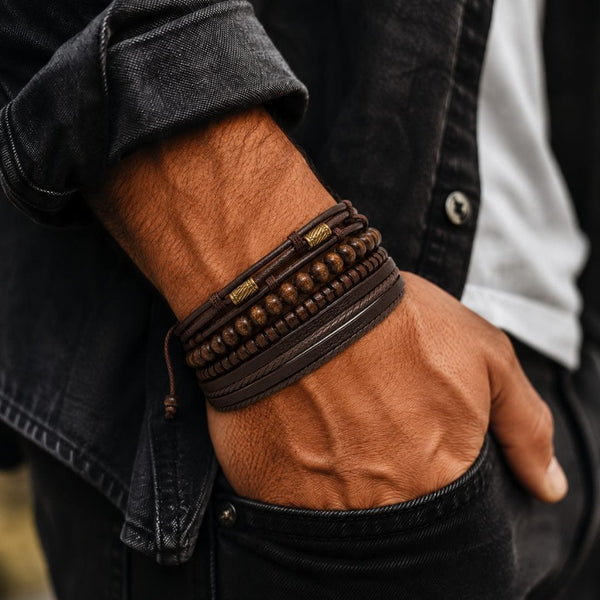 LEVIATHAN BROWN WRAP - 4 Pcs Genuine Braided Leather Bracelet Set for Men & Boys (Adjustable)