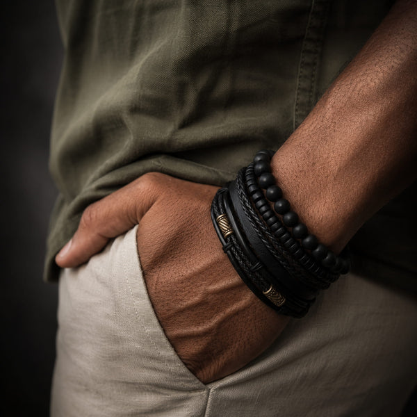 LEVIATHAN WRAP - 4 Pcs Genuine Braided Leather Bracelet Set for Men & Boys (8 inch)