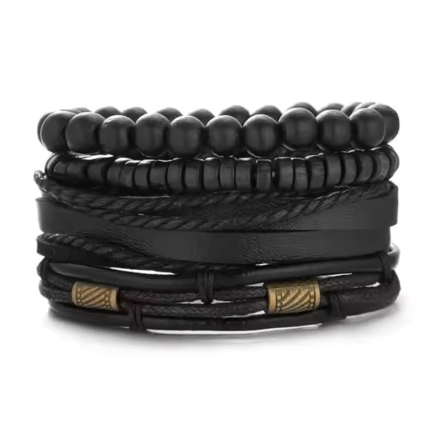 THE MEN THING Leather Bracelet LEVIATHAN WRAP Set of 4 Genuine Braided Leather Adjustable Bracelets for Men & Boys – 8 Inch