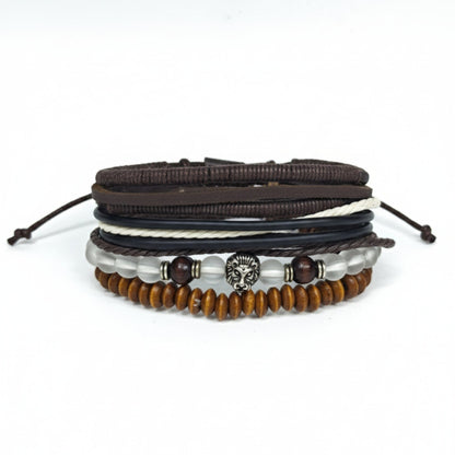 THE MEN THING Leather Bracelet LIONHEART TRIBAL - 4 Pcs Genuine Leather Adjustable Bracelet Set for Men & Boys (8 inch)