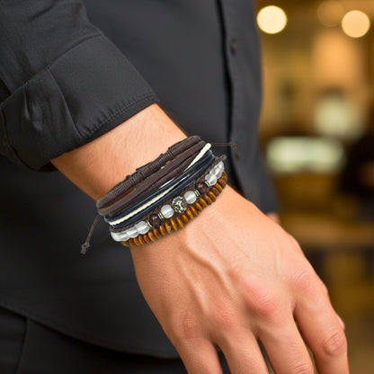 THE MEN THING Leather Bracelet LIONHEART TRIBAL - 4 Pcs Genuine Leather Adjustable Bracelet Set for Men & Boys (8 inch)