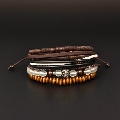 THE MEN THING Leather Bracelet LIONHEART TRIBAL - 4 Pcs Genuine Leather Adjustable Bracelet Set for Men & Boys (8 inch)