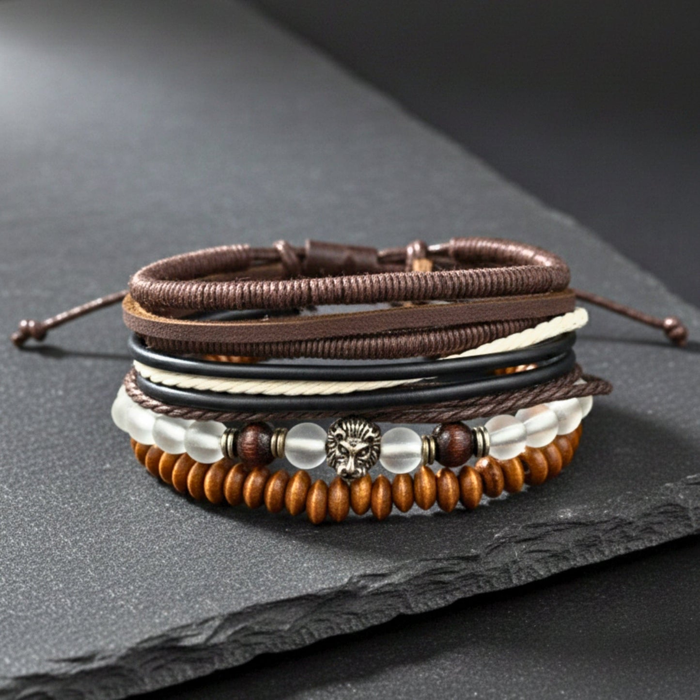 THE MEN THING Leather Bracelet LIONHEART TRIBAL - 4 Pcs Genuine Leather Adjustable Bracelet Set for Men & Boys (8 inch)