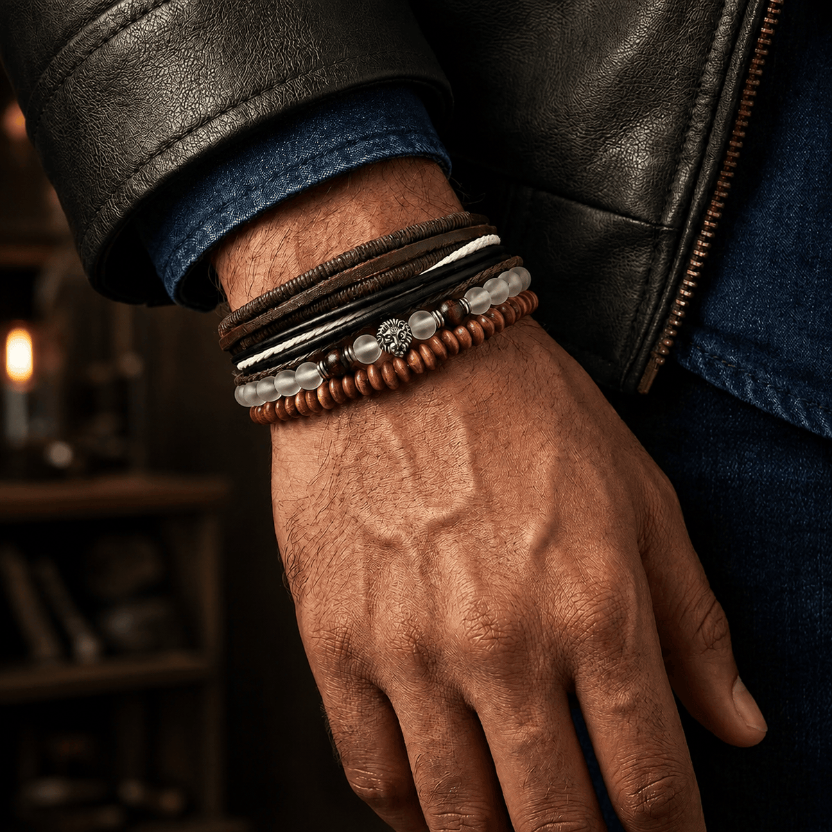 THE MEN THING Leather Bracelet LIONHEART TRIBAL - 4 Pcs Genuine Leather Adjustable Bracelet Set for Men & Boys (8 inch)
