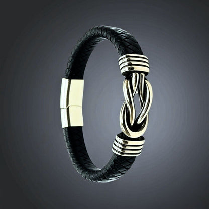 THE MEN THING Leather Bracelet LOVE KNOT BLACK - Genuine Leather Braided Bracelet with Stainless Steel Magnetic Buckle for Men & Boys (8 inch)