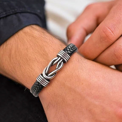 THE MEN THING Leather Bracelet LOVE KNOT BLACK - Genuine Leather Braided Bracelet with Stainless Steel Magnetic Buckle for Men & Boys (8 inch)