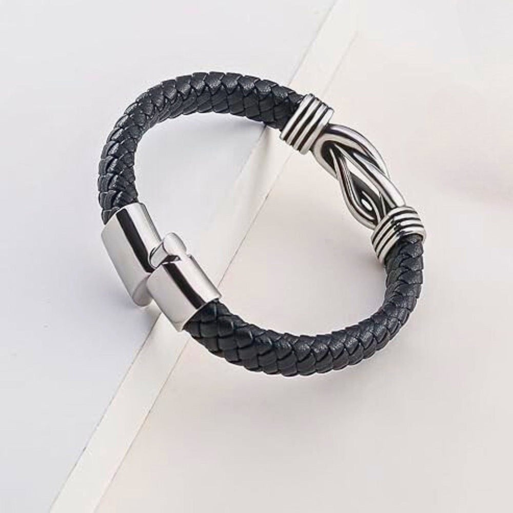 THE MEN THING Leather Bracelet LOVE KNOT BLACK - Genuine Leather Braided Bracelet with Stainless Steel Magnetic Buckle for Men & Boys (8 inch)