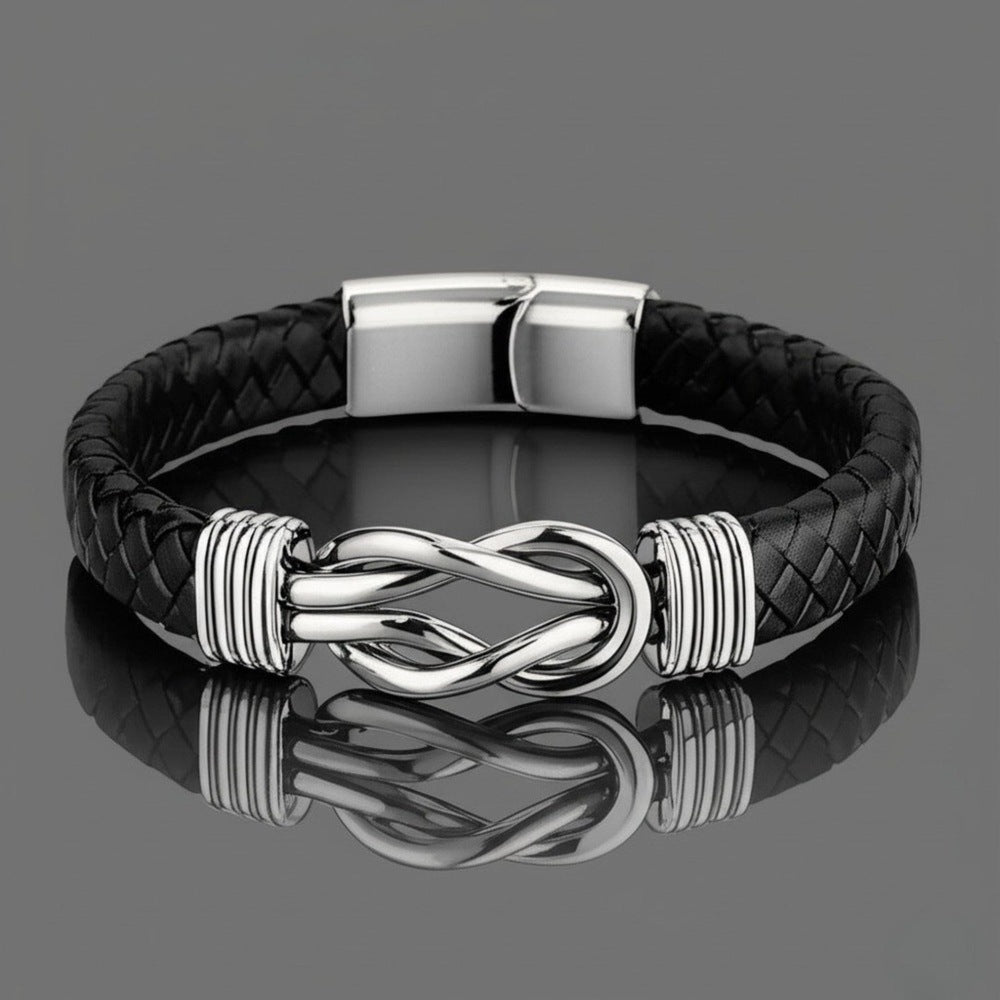 THE MEN THING Leather Bracelet LOVE KNOT BLACK - Genuine Leather Braided Bracelet with Stainless Steel Magnetic Buckle for Men & Boys (8 inch)