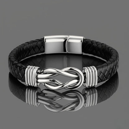 THE MEN THING Leather Bracelet LOVE KNOT BLACK - Genuine Leather Braided Bracelet with Stainless Steel Magnetic Buckle for Men & Boys (8 inch)