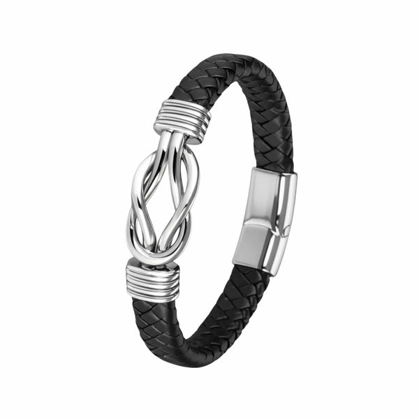 LOVE KNOT BLACK - Genuine Leather Braided Bracelet with Stainless Steel Magnetic Buckle for Men & Boys (8 inch)