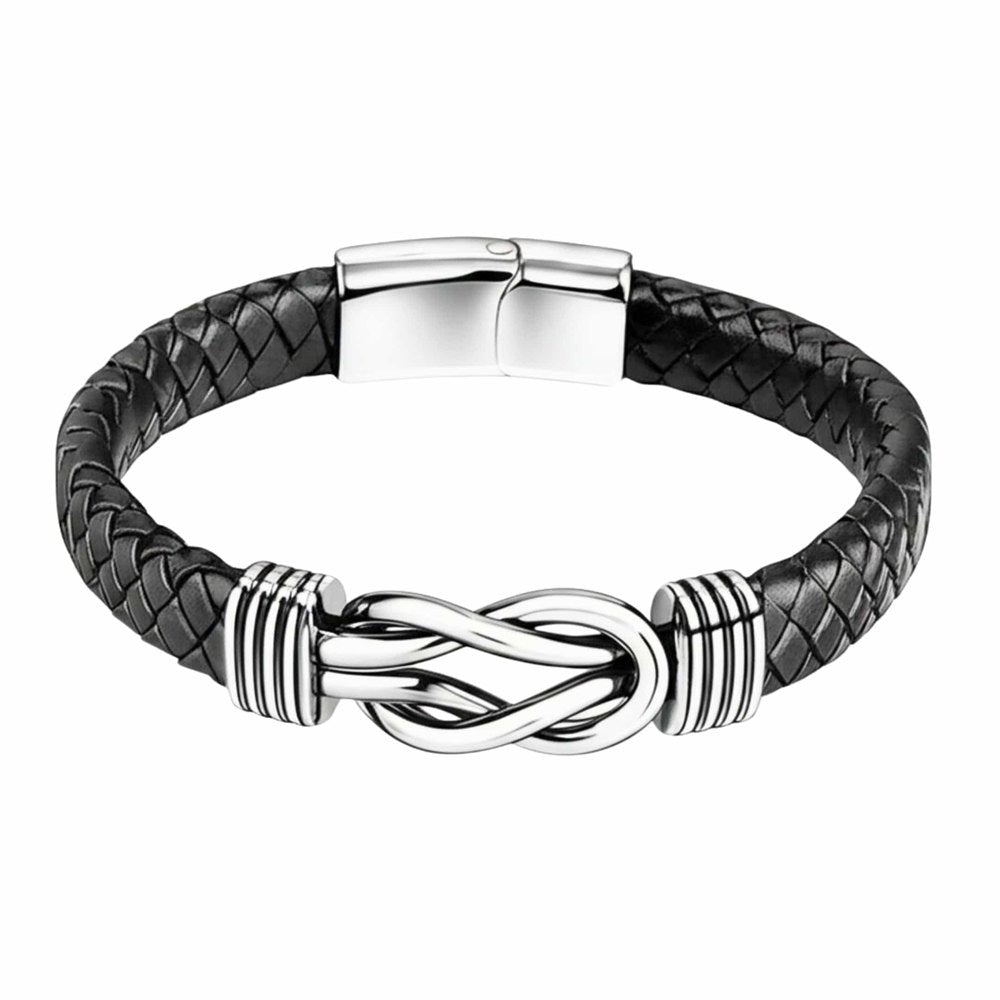 THE MEN THING Leather Bracelet LOVE KNOT BLACK - Genuine Leather Braided Bracelet with Stainless Steel Magnetic Buckle for Men & Boys (8 inch)