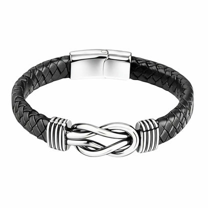 THE MEN THING Leather Bracelet LOVE KNOT BLACK - Genuine Leather Braided Bracelet with Stainless Steel Magnetic Buckle for Men & Boys (8 inch)